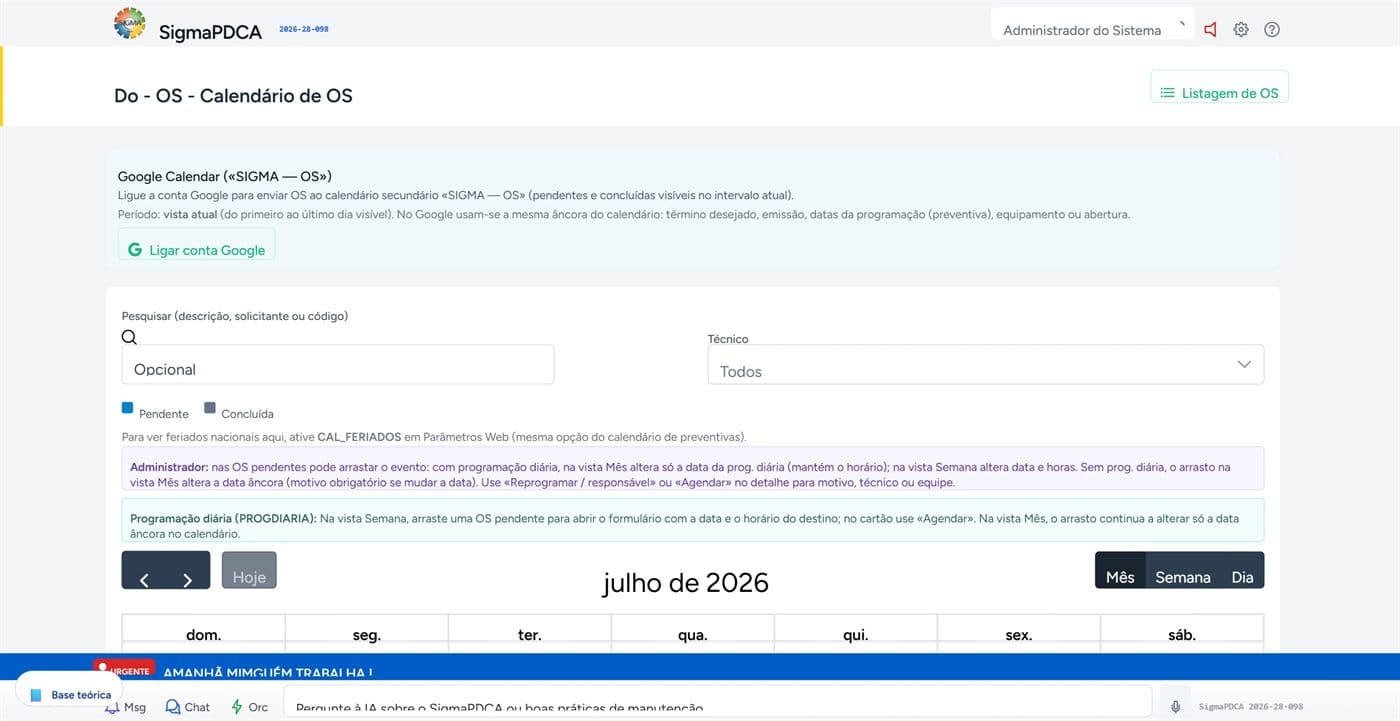 Calendário de Ordens de Serviço — SIGMA CMMS